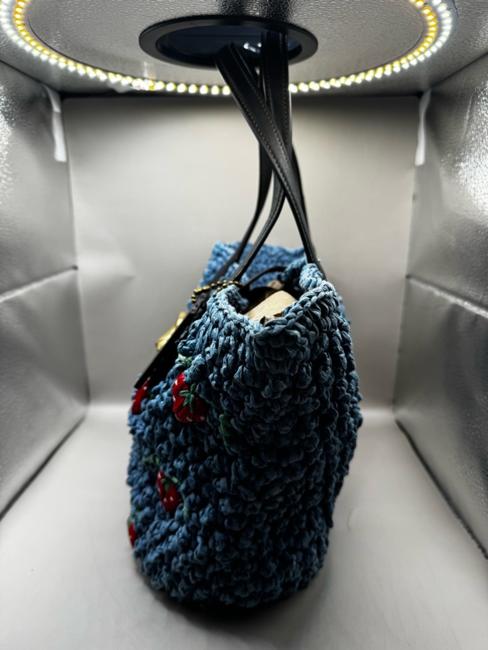 Coach Blue Crochet Tote with Red Strawberry Motif - Picture 4 of 8